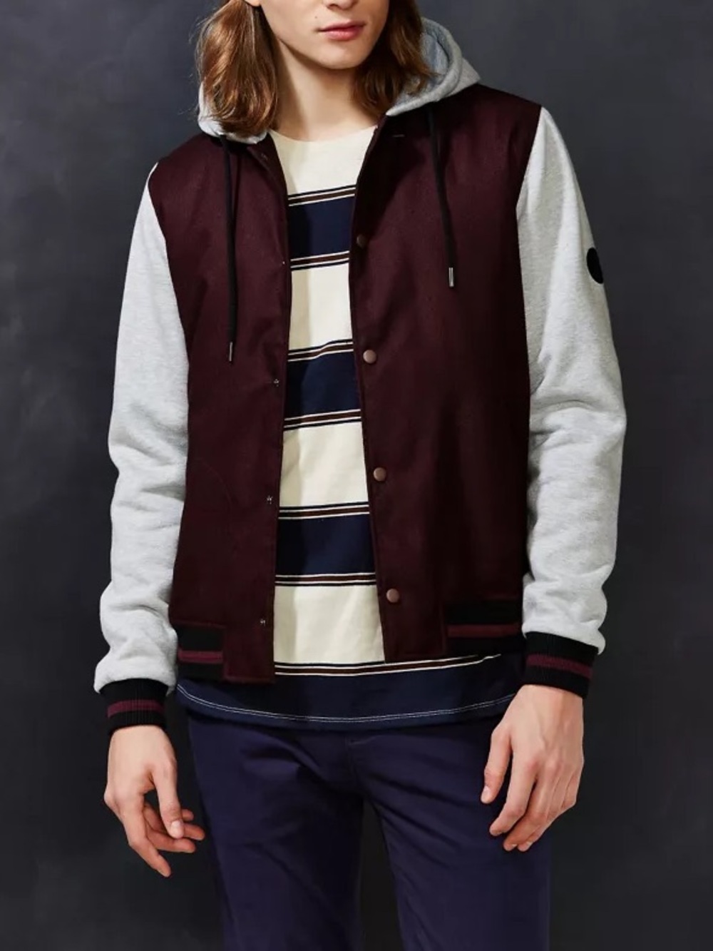 NATIVE YOUTH | Burgundy and Light Grey Wool Hooded Bomber Jacket Size Small